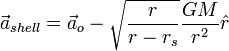 \vec{a}_{shell} = \vec{a}_o - \sqrt{\frac{r}{r-r_s}} \frac{G M}{r^2} \hat{r}