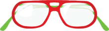 Glasses with a thick red and green frame