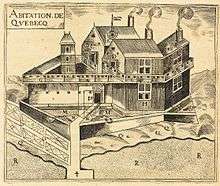The Quebec Settlement&nbsp;: A.—The Warehouse. B.—Pigeon-loft. C.—Detached Buildings where we keep our arms and for Lodging our Workmen. D.—Another Detached Building for the Workmen. E.—Sun-dial. F.—Another Detached Building where is the Smithy and where the Workmen are Lodged. G.—Galleries all around the Lodgings. H.—The Sieur de Champlain's Lodgings. I.—The door of the Settlement with a Draw-bridge. L Promenade around the Settlement ten feet in width to the edge of the Moat. M.—Moat the whole way around the Settlement. O.—The Sieur de Champlain's Garden. P.—The Kitchen. Q.—Space in front of the Settlement on the Shore of the River. R.—The great River St. Lawrence.