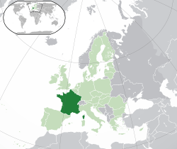 Location of &nbsp;metropolitan France, the European part of France&nbsp;&nbsp;(dark green)–&nbsp;in Europe&nbsp;&nbsp;(green &&nbsp;dark grey)–&nbsp;in the European Union&nbsp;&nbsp;(green)