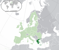 Location of &nbsp;Greece&nbsp;&nbsp;(dark green)–&nbsp;in Europe&nbsp;&nbsp;(green &&nbsp;dark grey)–&nbsp;in the European Union&nbsp;&nbsp;(green)&nbsp; –&nbsp; [Legend]