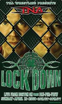 A poster with a green logo saying Lockdown with a shamrock above it. Poster also features two adult white males standing behind chainlink fencing.
