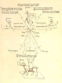 The sette spade Diagram from the Pisani facsimile of the Flos Duellatorum (fol. 17A). The four animals symbolize prudence (lynx), celerity (tiger), audacity (lion), and fortitude (elephant).