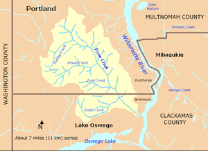 The Tryon Creek watershed, shaped roughly like a leaf tapering to a stem at the mouth on the Willamette River, lies mostly in Portland and Multnomah County and partly in the city of Lake Oswego and Clackamas County. Oswego Lake is to the south, and the Willamette River is to the east. The city of Milwaukie is also to the east, on the far side of the river. The larger tributaries, Nettle Creek, Park Creek, Arnold Creek, and Falling Creek, flow roughly west to east before entering the creek.